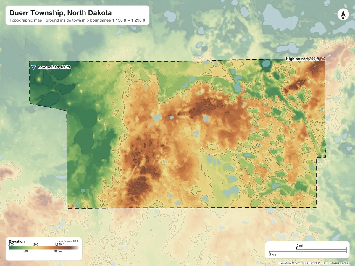 Topographic elevation map of Duerr Township, North Dakota, shaded from 1,150 ft on the west side to 1,290 ft on the northeast side