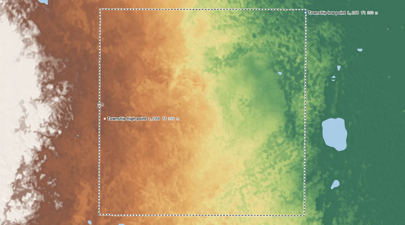 Topographic elevation map of Dunbar Township, North Dakota, shaded from 1,180 ft on the northeast side to 1,280 ft on the west side