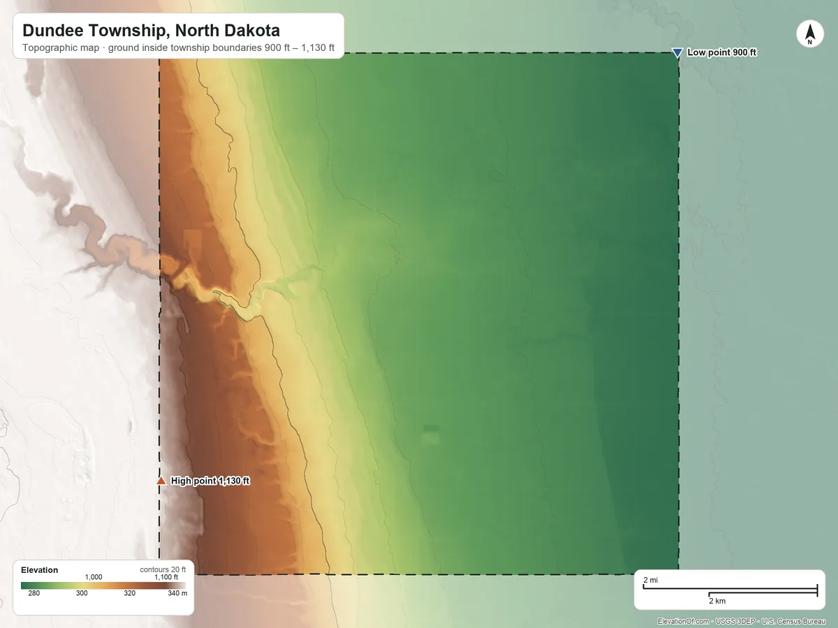 Topographic elevation map of Dundee Township, North Dakota, shaded from 900 ft on the northeast side to 1,130 ft on the southwest side