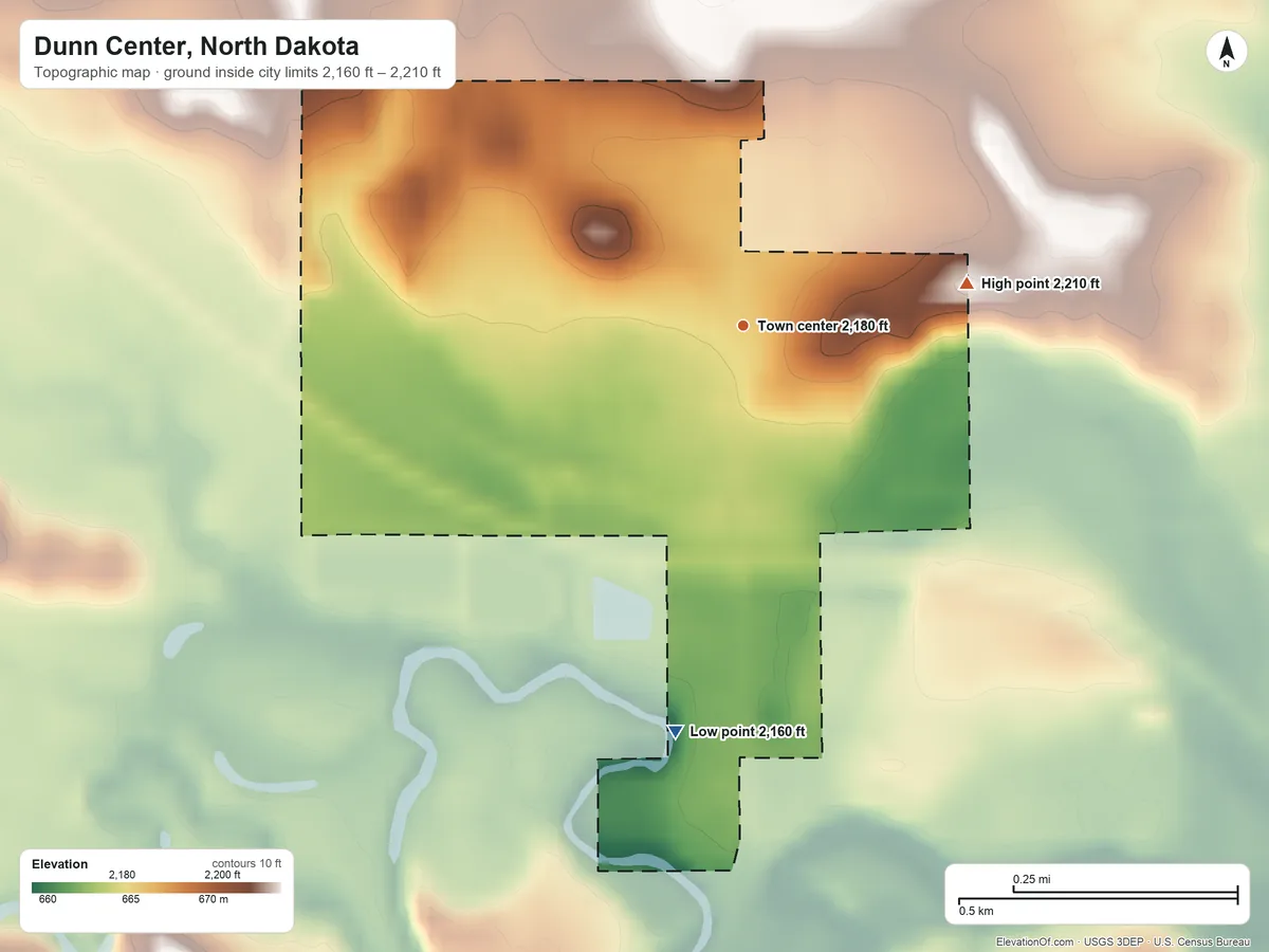 Topographic elevation map of Dunn Center, North Dakota, shaded from 2,160 ft on the south side to 2,210 ft on the east side