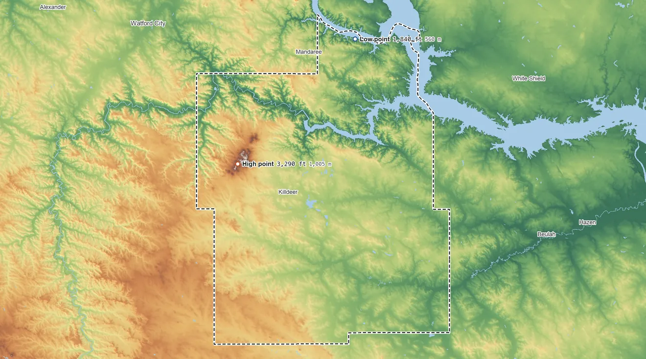 Topographic elevation map of Dunn County, North Dakota, shaded from 1,840 ft on the north side to 3,290 ft on the west side