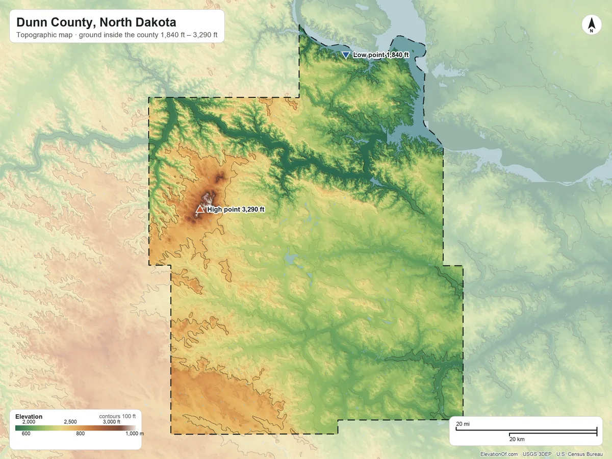 Topographic elevation map of Dunn County, North Dakota, shaded from 1,840 ft on the north side to 3,290 ft on the west side