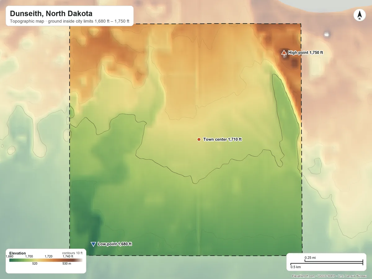 Topographic elevation map of Dunseith, North Dakota, shaded from 1,680 ft on the southwest side to 1,750 ft on the northeast side