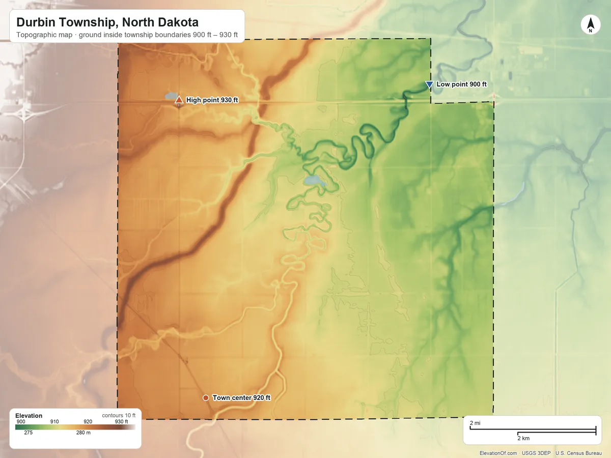 Topographic elevation map of Durbin Township, North Dakota, shaded from 900 ft on the northeast side to 930 ft on the north side