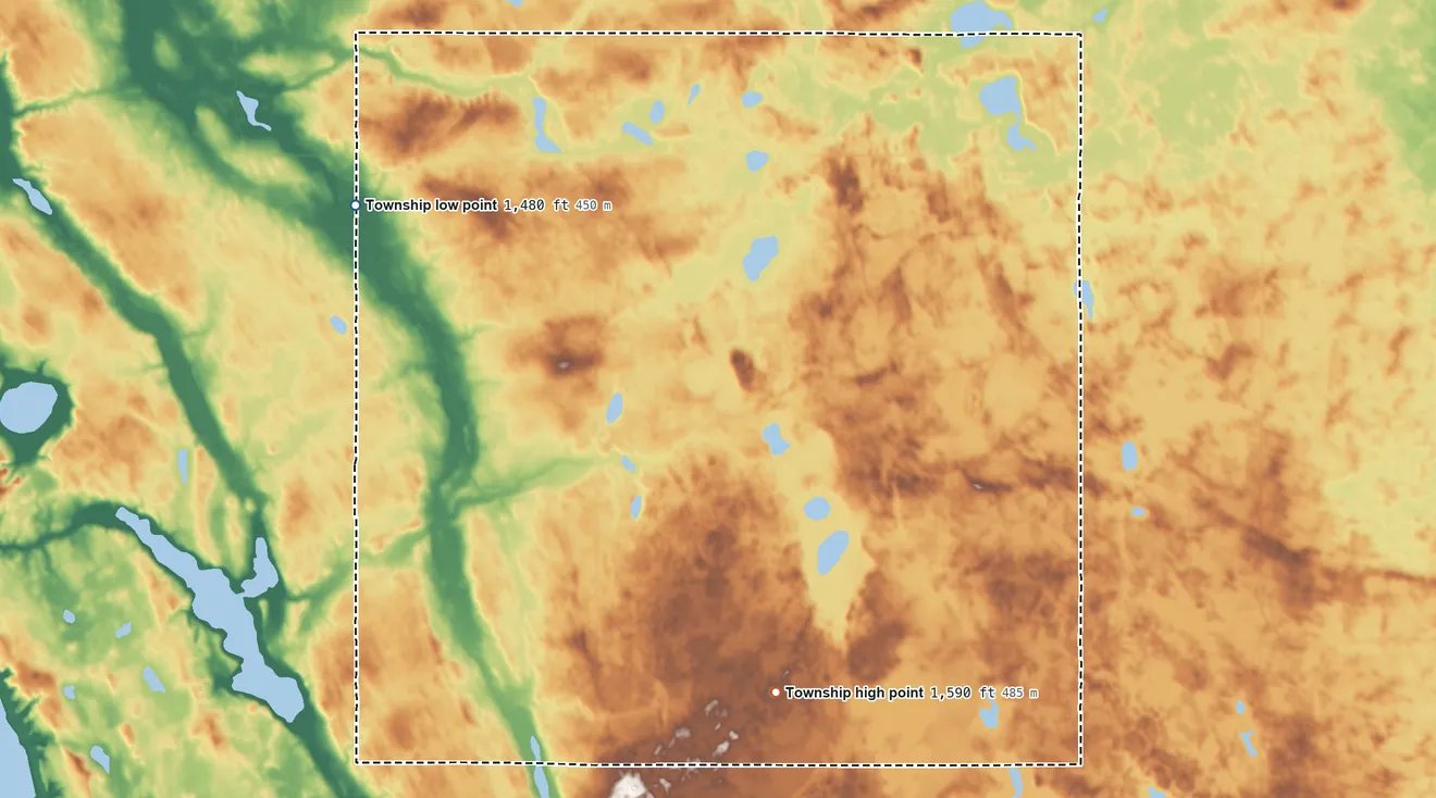 Topographic elevation map of Durham Township, North Dakota, shaded from 1,480 ft on the northwest side to 1,590 ft on the south side