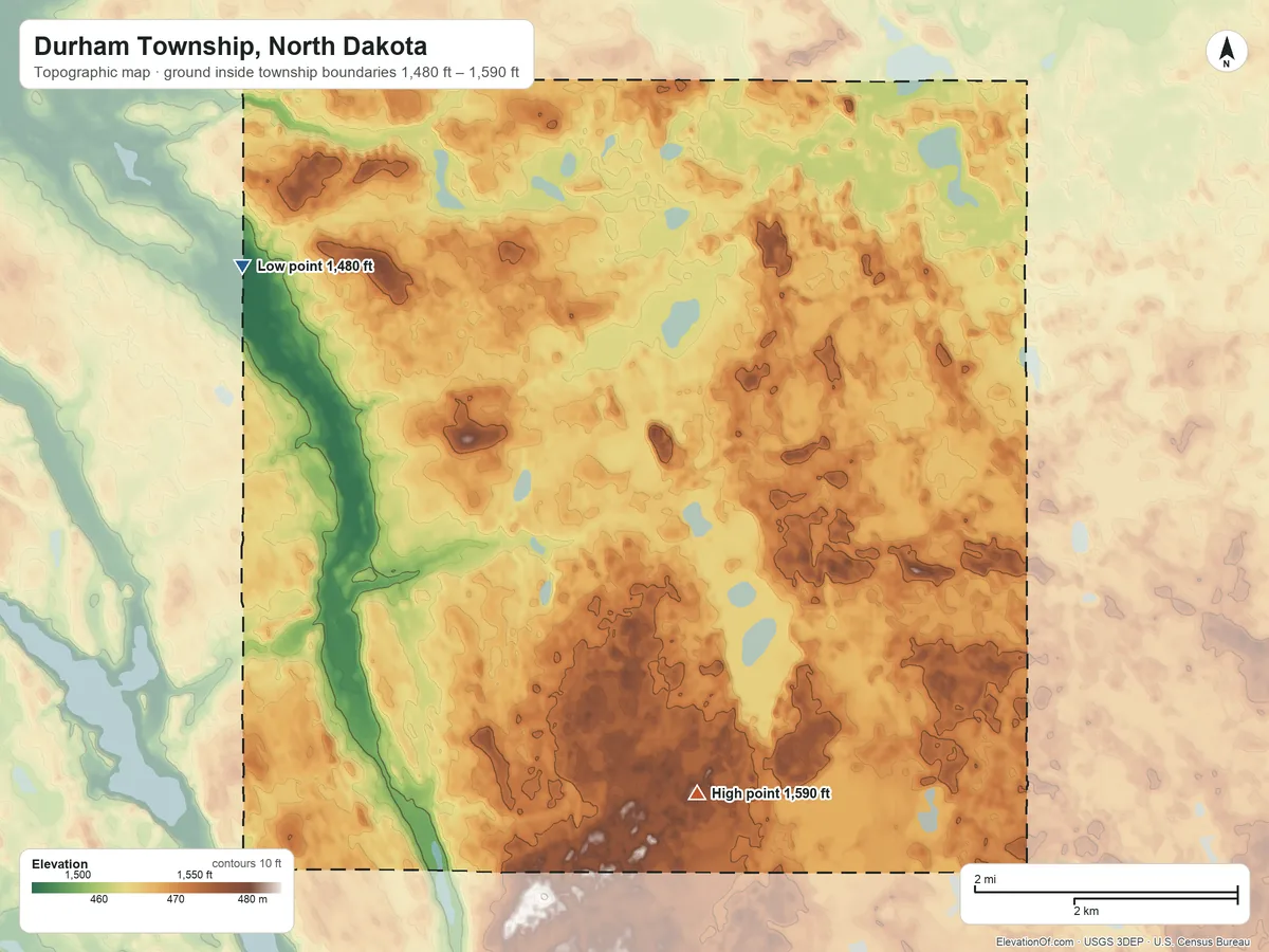 Topographic elevation map of Durham Township, North Dakota, shaded from 1,480 ft on the northwest side to 1,590 ft on the south side