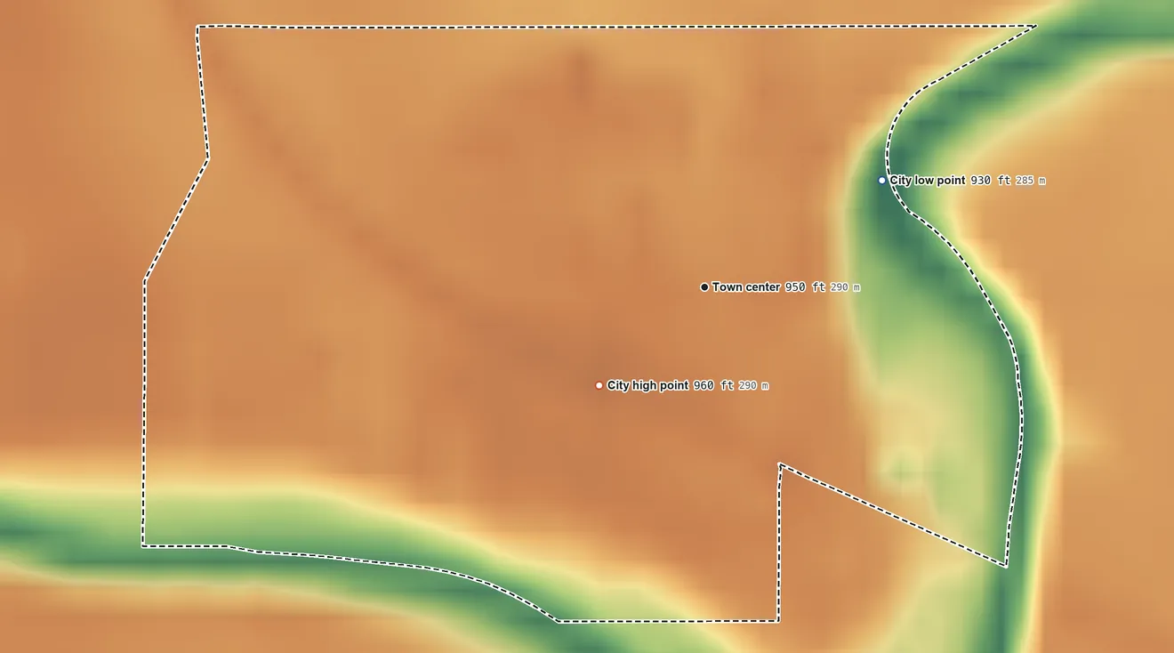 Topographic elevation map of Dwight, North Dakota, shaded from 930 ft on the northeast side to 960 ft on the southwest side