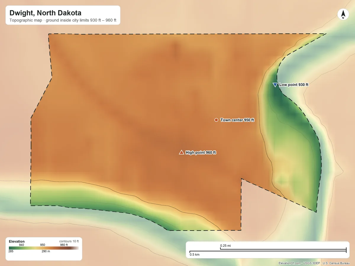 Topographic elevation map of Dwight, North Dakota, shaded from 930 ft on the northeast side to 960 ft on the southwest side