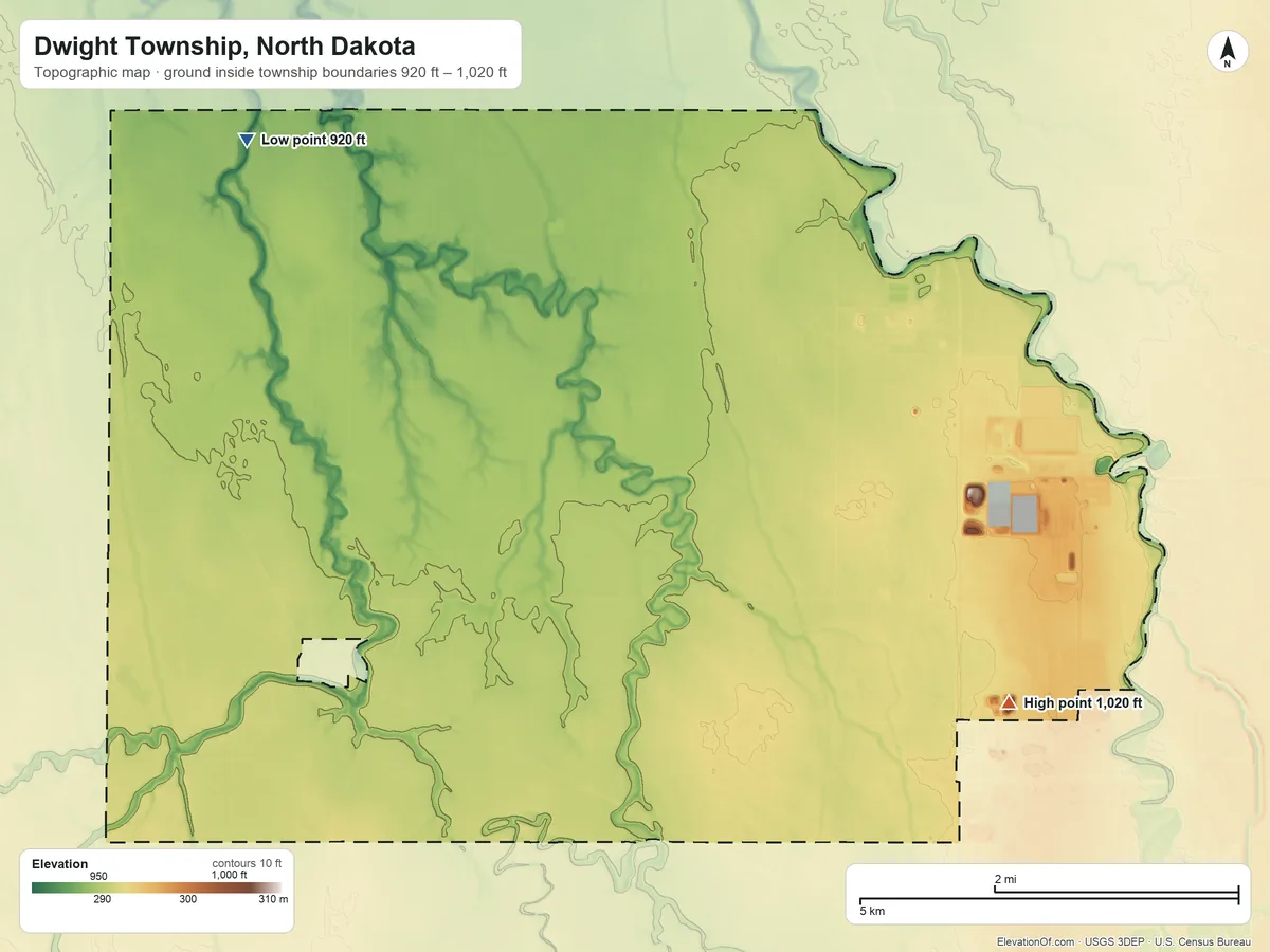 Topographic elevation map of Dwight Township, North Dakota, shaded from 920 ft on the northwest side to 1,020 ft on the east side
