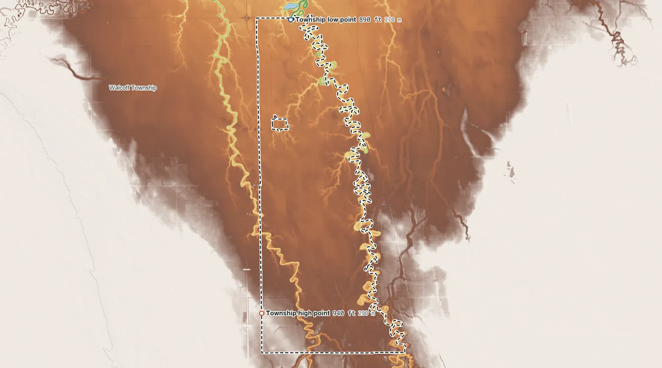Topographic elevation map of Eagle Township, North Dakota, shaded from 890 ft on the north side to 940 ft on the south side