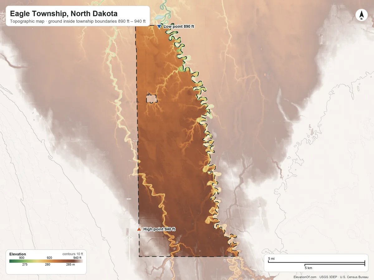 Topographic elevation map of Eagle Township, North Dakota, shaded from 890 ft on the north side to 940 ft on the south side