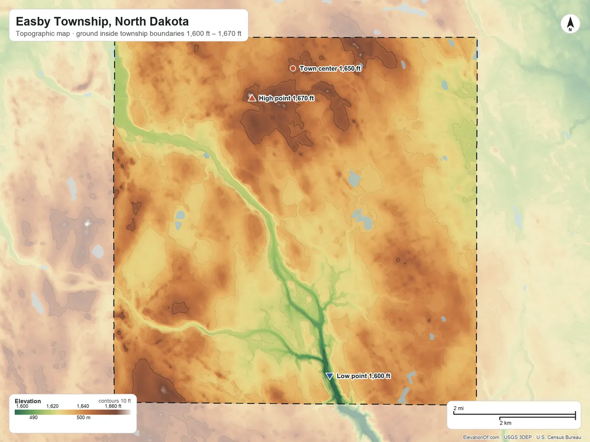 Topographic elevation map of Easby Township, North Dakota, shaded from 1,600 ft on the south side to 1,670 ft near the middle