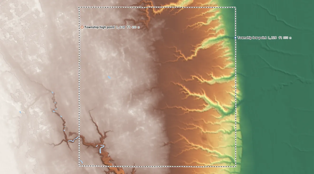 Topographic elevation map of East Alma Township, North Dakota, shaded from 1,220 ft on the northeast side to 1,610 ft on the northwest side