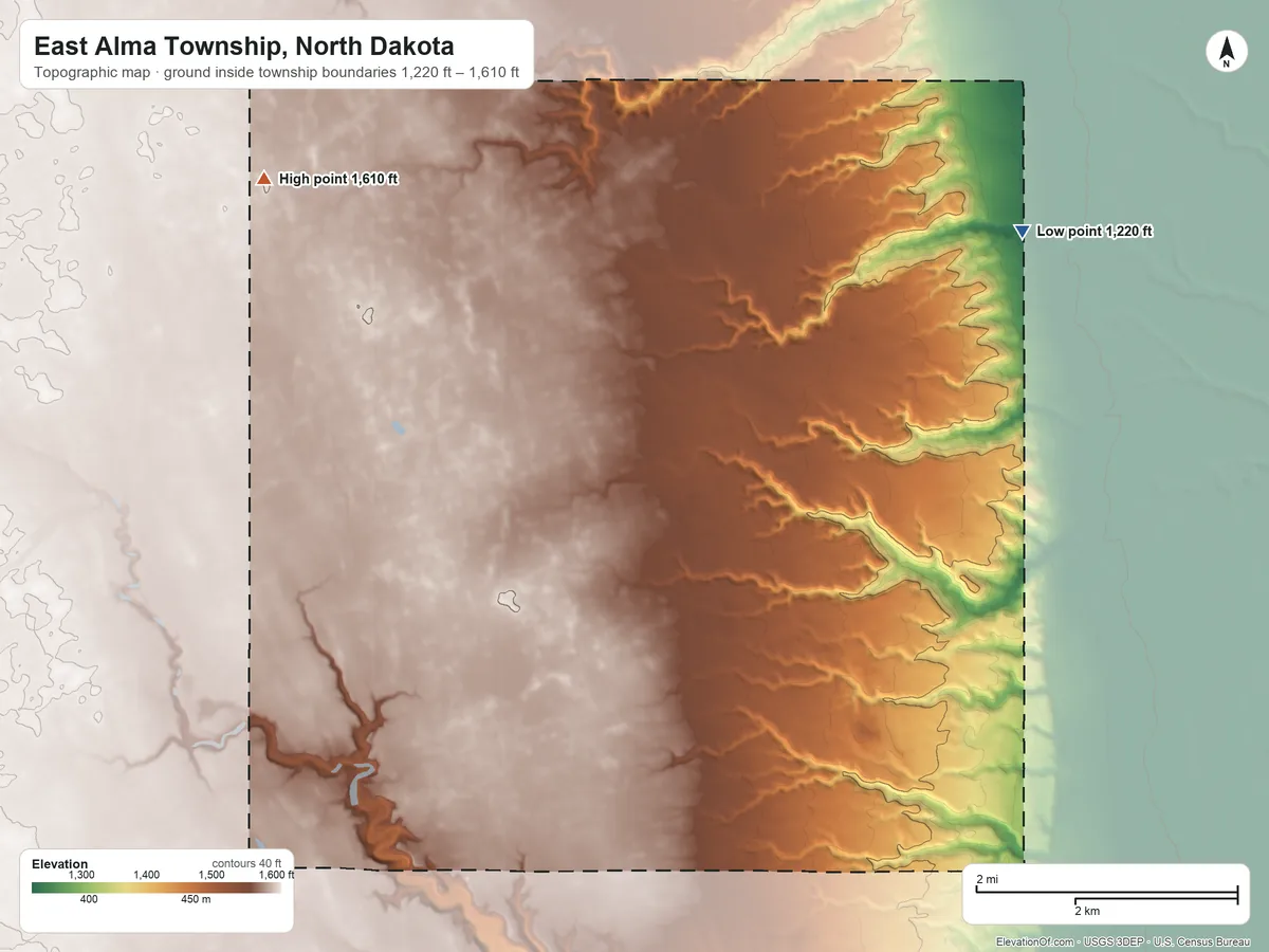 Topographic elevation map of East Alma Township, North Dakota, shaded from 1,220 ft on the northeast side to 1,610 ft on the northwest side