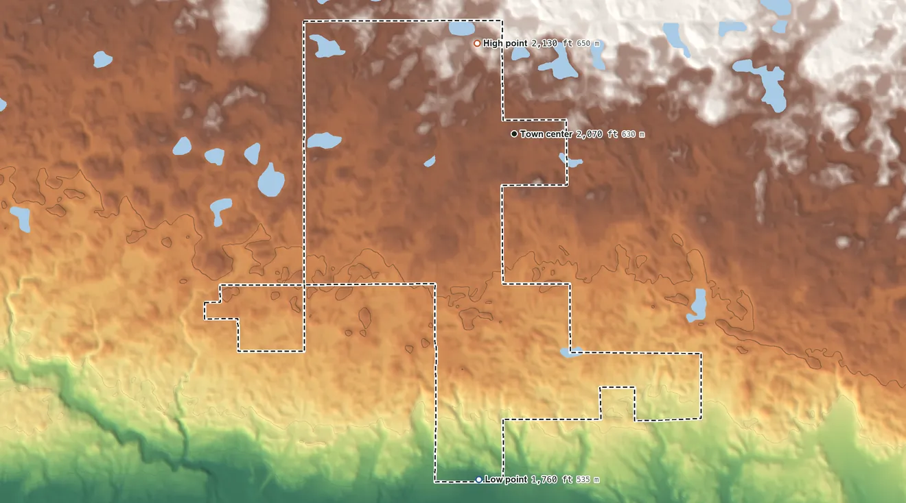 Topographic elevation map of East Dunseith, North Dakota, shaded from 1,760 ft on the south side to 2,130 ft on the north side
