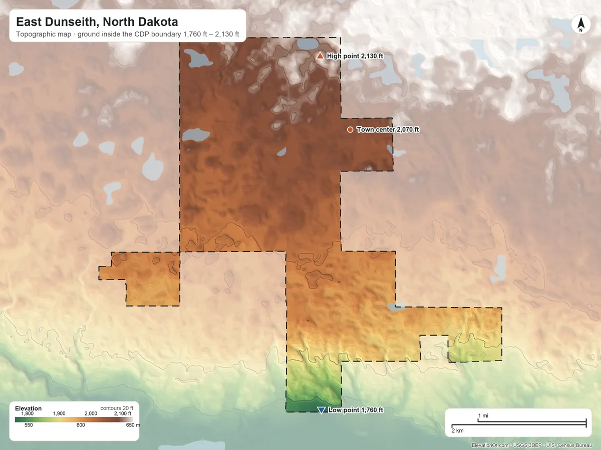Topographic elevation map of East Dunseith, North Dakota, shaded from 1,760 ft on the south side to 2,130 ft on the north side