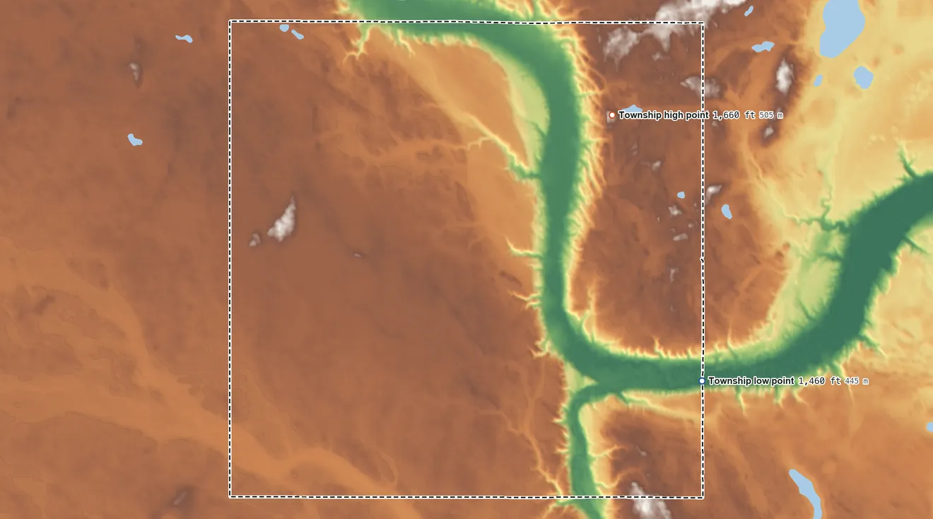 Topographic elevation map of East Fork Township, Benson County, North Dakota, shaded from 1,460 ft on the east side to 1,660 ft on the northeast side