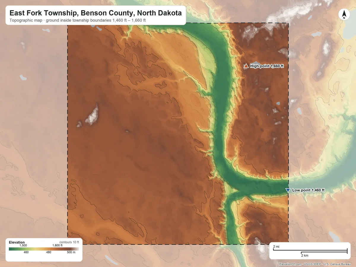Topographic elevation map of East Fork Township, Benson County, North Dakota, shaded from 1,460 ft on the east side to 1,660 ft on the northeast side