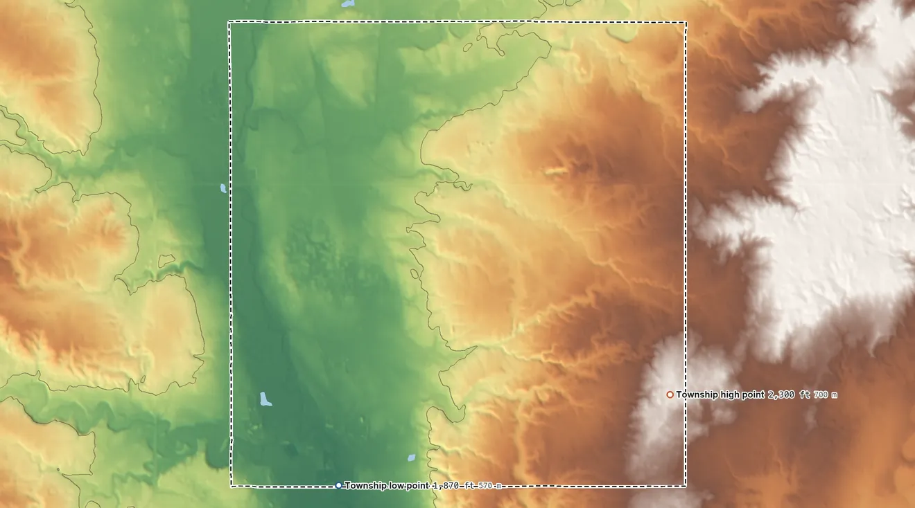 Topographic elevation map of East Fork Township, North Dakota, shaded from 1,870 ft on the south side to 2,300 ft on the southeast side