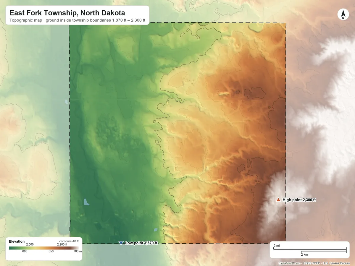 Topographic elevation map of East Fork Township, North Dakota, shaded from 1,870 ft on the south side to 2,300 ft on the southeast side