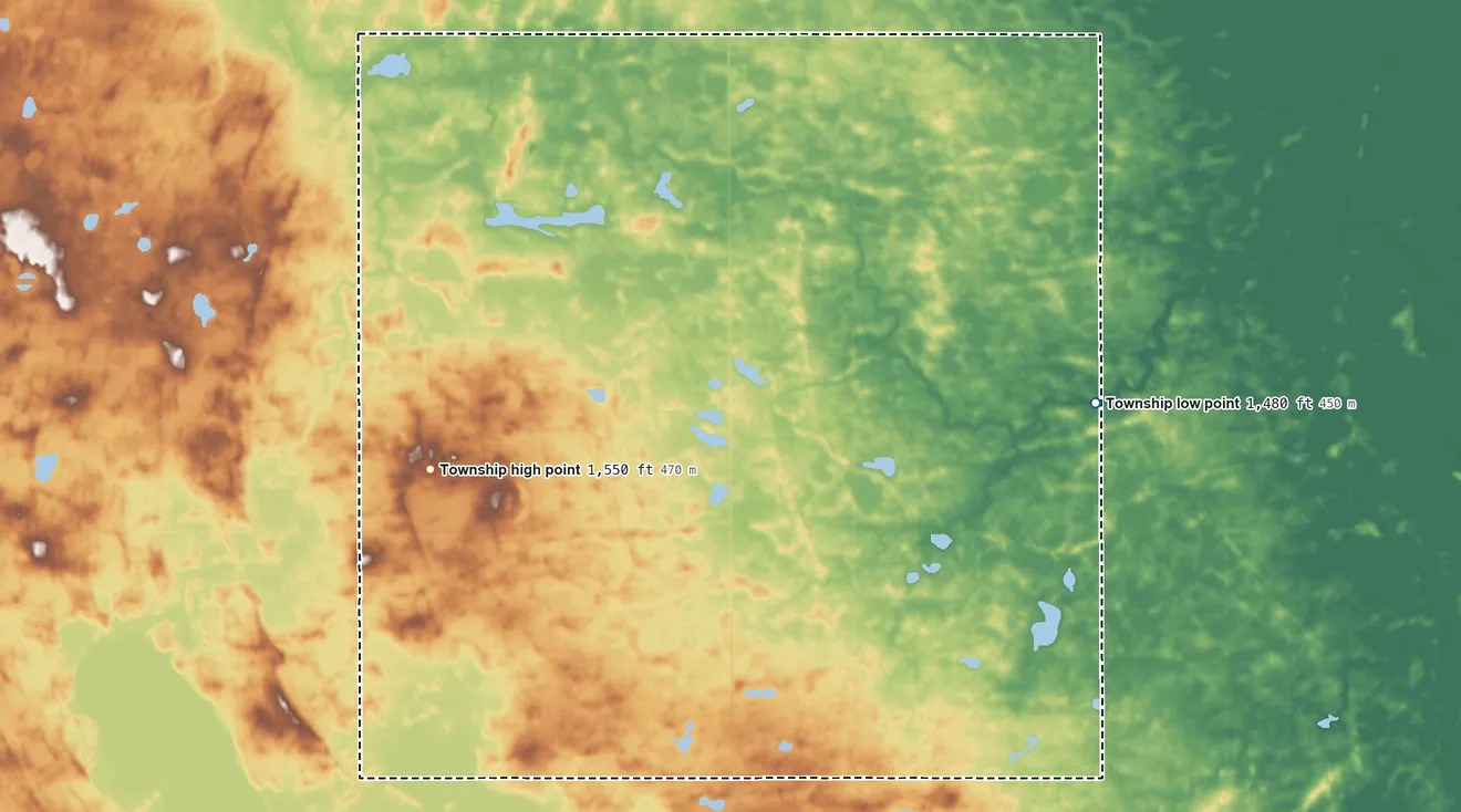 Topographic elevation map of Eastman Township, North Dakota, shaded from 1,480 ft on the east side to 1,550 ft on the west side
