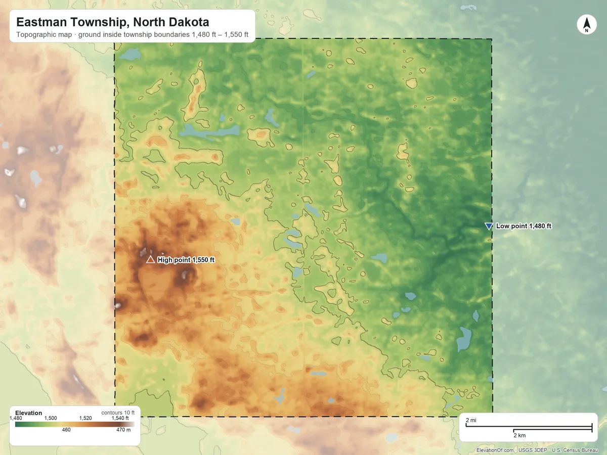 Topographic elevation map of Eastman Township, North Dakota, shaded from 1,480 ft on the east side to 1,550 ft on the west side