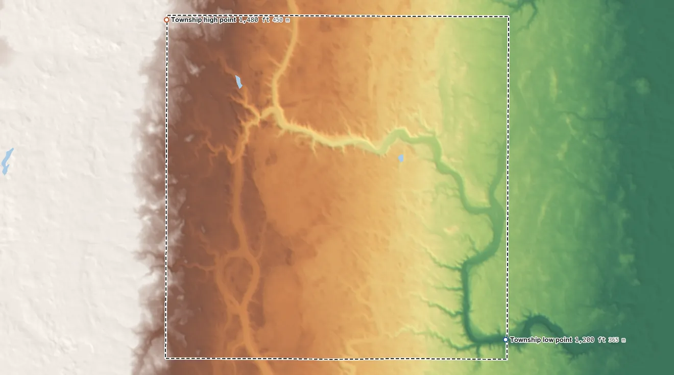 Topographic elevation map of Easton Township, North Dakota, shaded from 1,200 ft on the southeast side to 1,480 ft on the northwest side