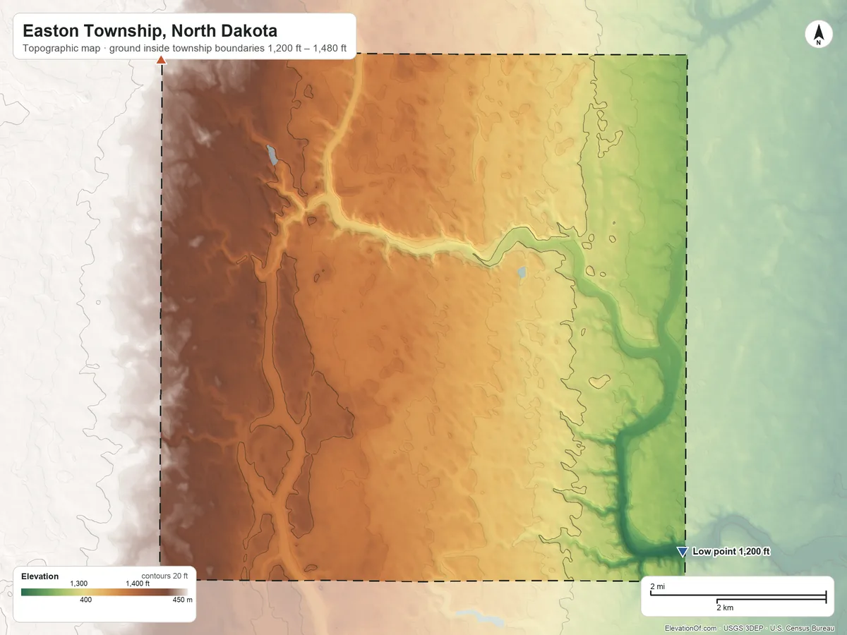Topographic elevation map of Easton Township, North Dakota, shaded from 1,200 ft on the southeast side to 1,480 ft on the northwest side