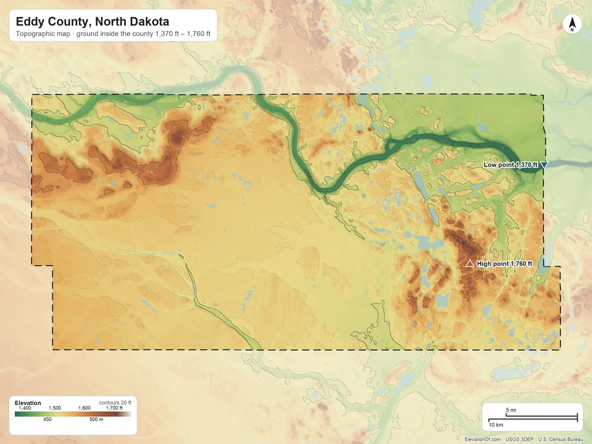 Topographic elevation map of Eddy County, North Dakota, shaded from 1,370 ft on the east side to 1,760 ft on Devils Thumb