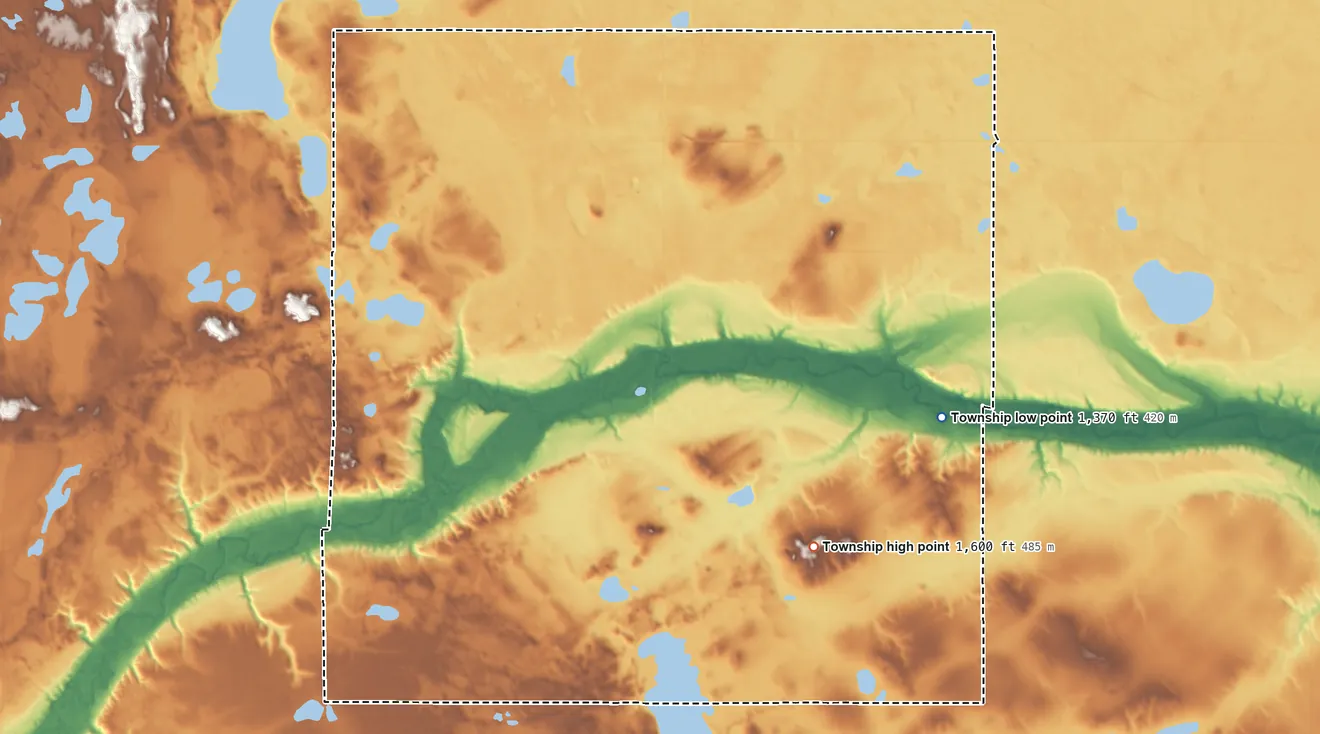 Topographic elevation map of Eddy Township, North Dakota, shaded from 1,370 ft on the southeast side to 1,600 ft on the southeast side