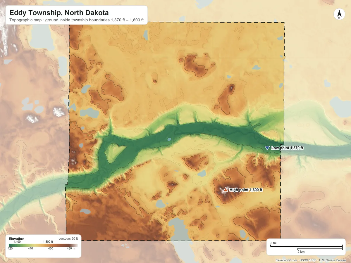 Topographic elevation map of Eddy Township, North Dakota, shaded from 1,370 ft on the southeast side to 1,600 ft on the southeast side