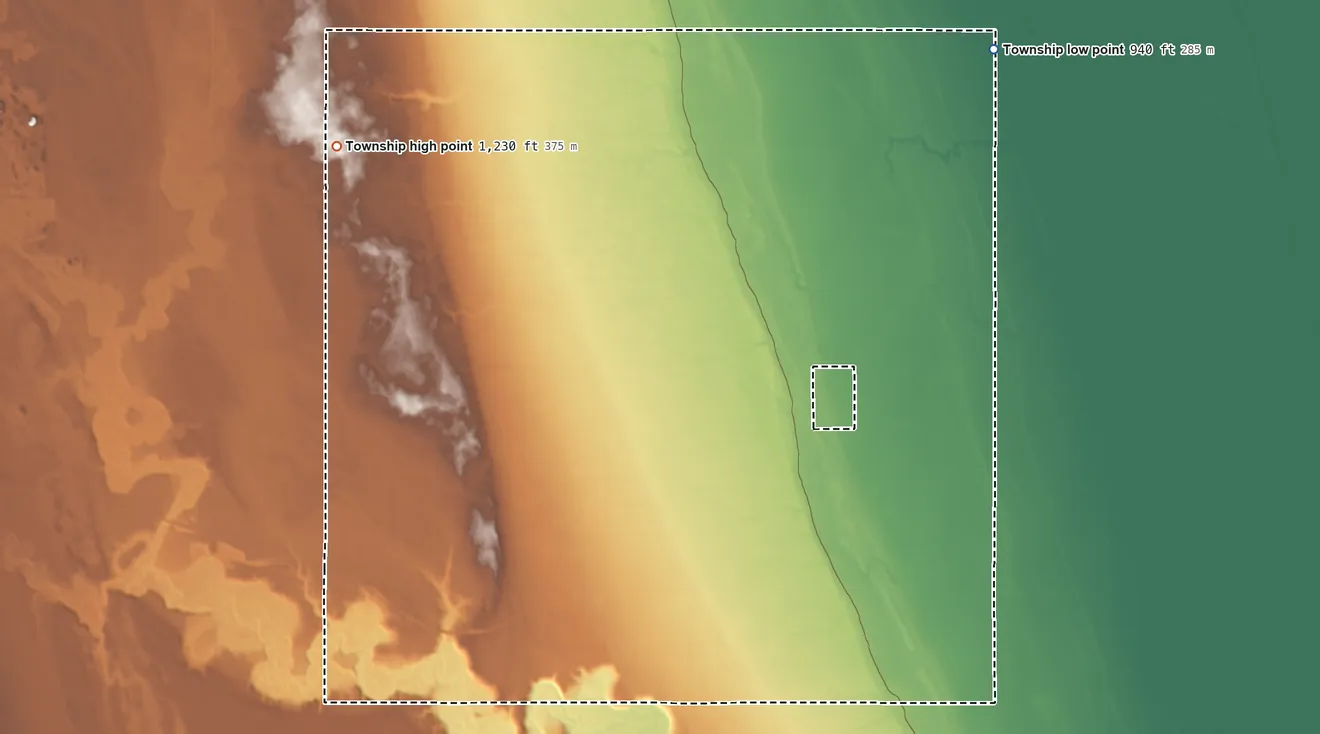 Topographic elevation map of Eden Township, North Dakota, shaded from 940 ft on the northeast side to 1,230 ft on the northwest side