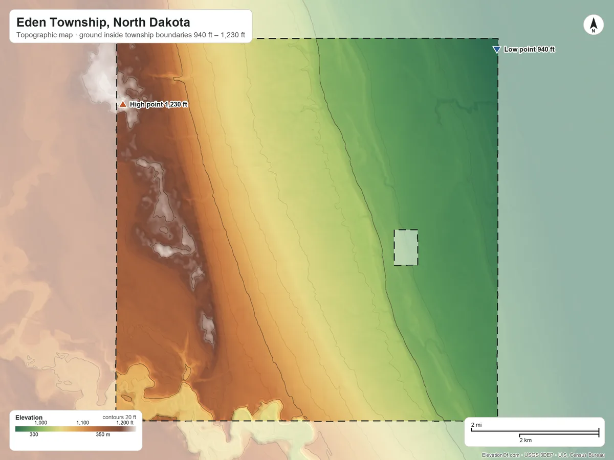 Topographic elevation map of Eden Township, North Dakota, shaded from 940 ft on the northeast side to 1,230 ft on the northwest side