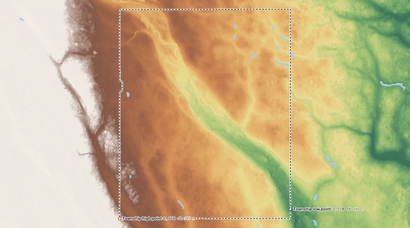 Topographic elevation map of Eden Valley Township, North Dakota, shaded from 1,570 ft on the southeast side to 1,660 ft on the southwest side