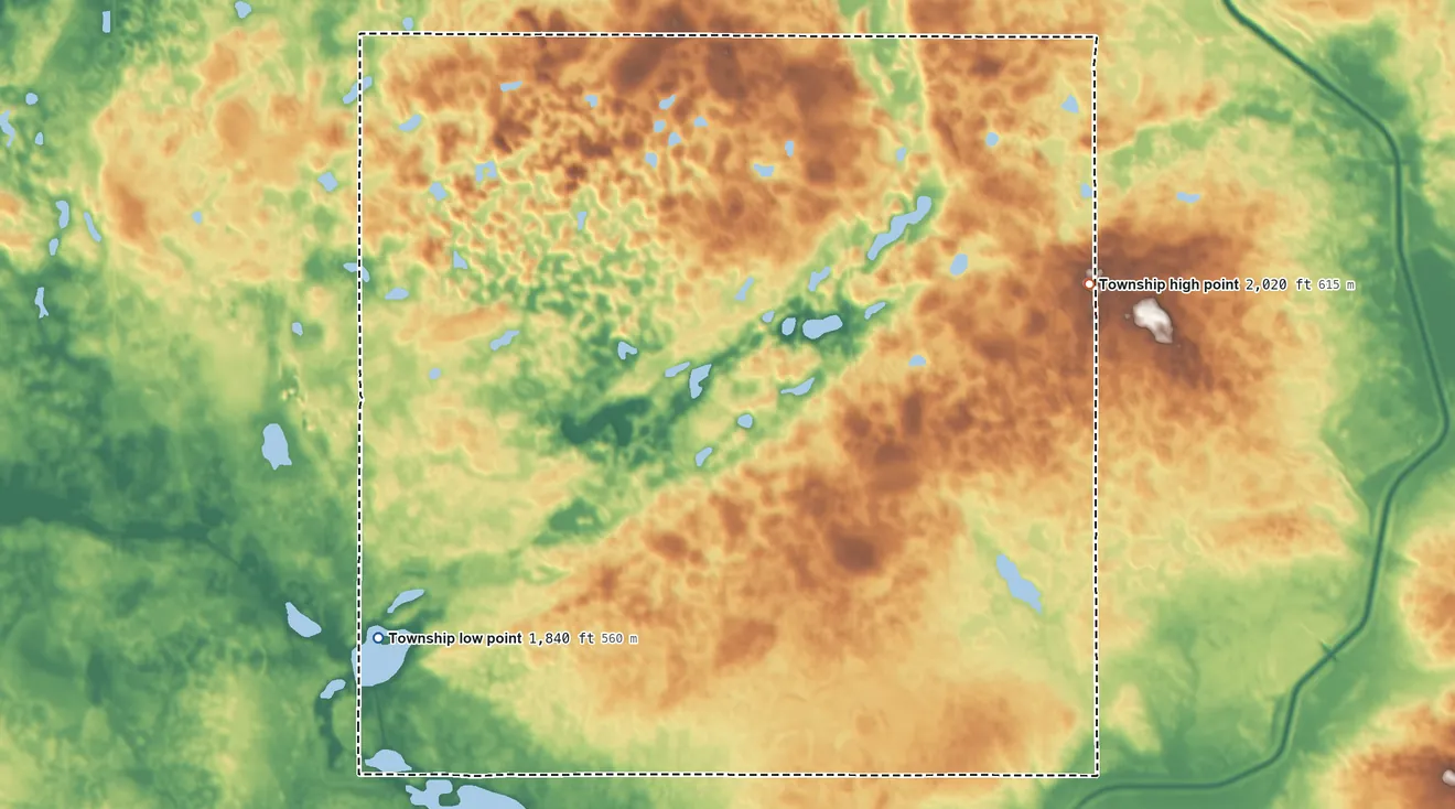 Topographic elevation map of Edgemont Township, North Dakota, shaded from 1,840 ft on the west side to 2,020 ft on the north side