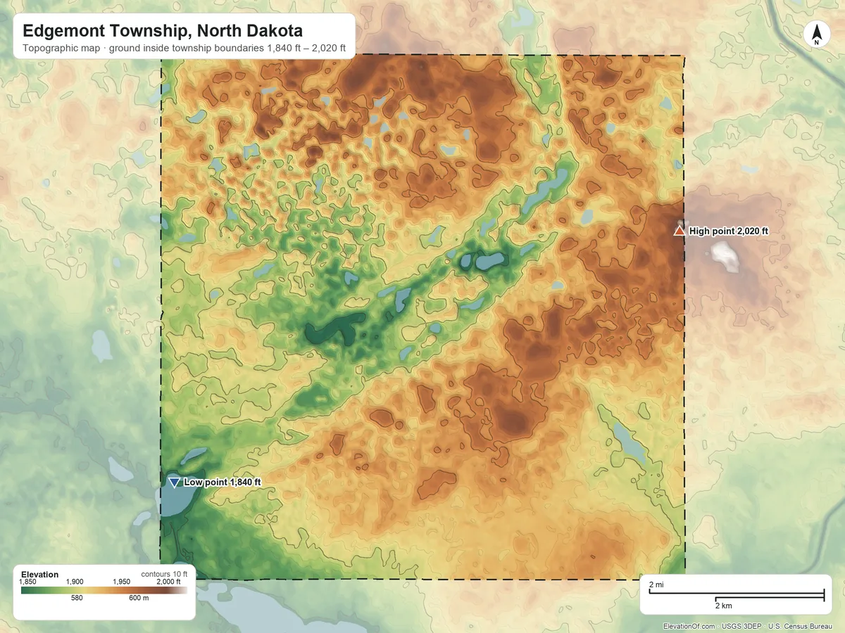 Topographic elevation map of Edgemont Township, North Dakota, shaded from 1,840 ft on the west side to 2,020 ft on the north side