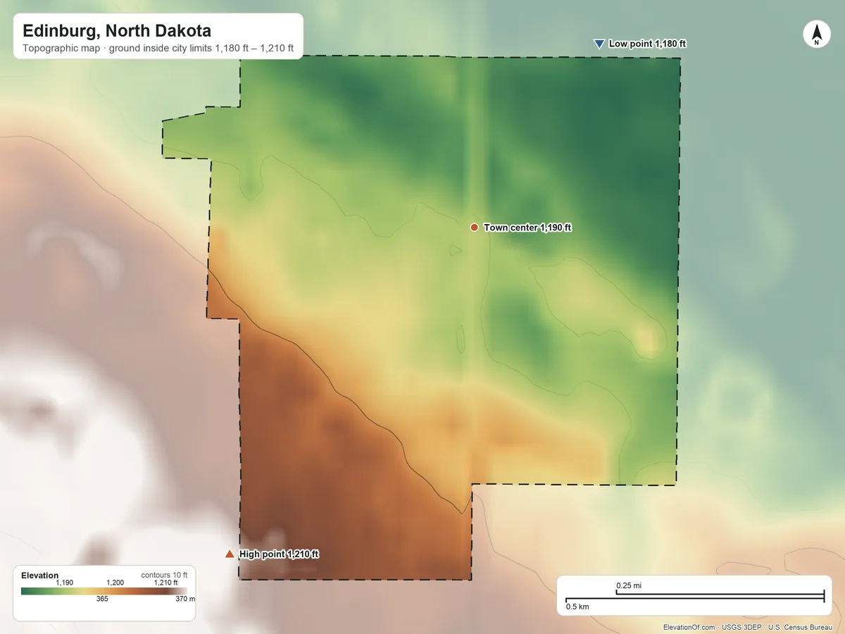 Topographic elevation map of Edinburg, North Dakota, shaded from 1,180 ft on the northeast side to 1,210 ft on the southwest side