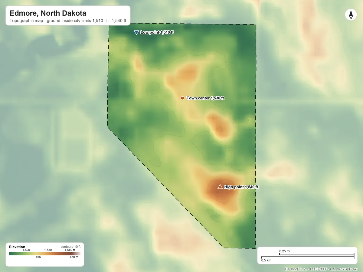 Topographic elevation map of Edmore, North Dakota, shaded from 1,510 ft on the northwest side to 1,540 ft on the southeast side