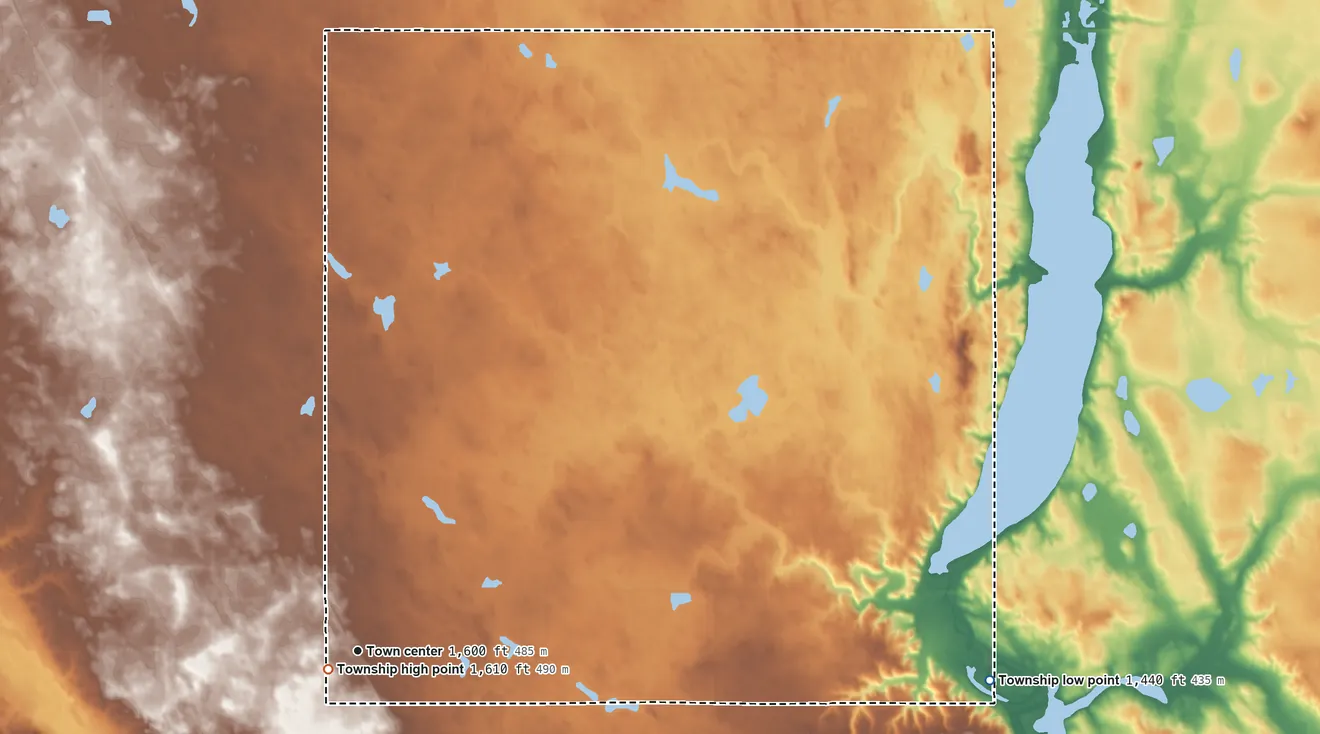 Topographic elevation map of Edmunds Township, North Dakota, shaded from 1,440 ft on the east side to 1,610 ft near the middle