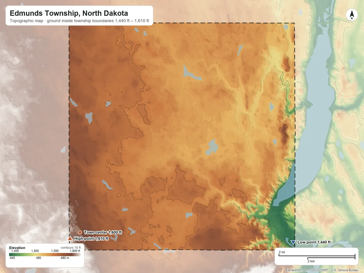 Topographic elevation map of Edmunds Township, North Dakota, shaded from 1,440 ft on the east side to 1,610 ft near the middle