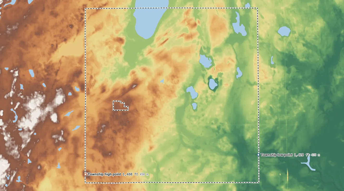 Topographic elevation map of Edna Township, North Dakota, shaded from 1,420 ft on the southeast side to 1,480 ft on the southwest side