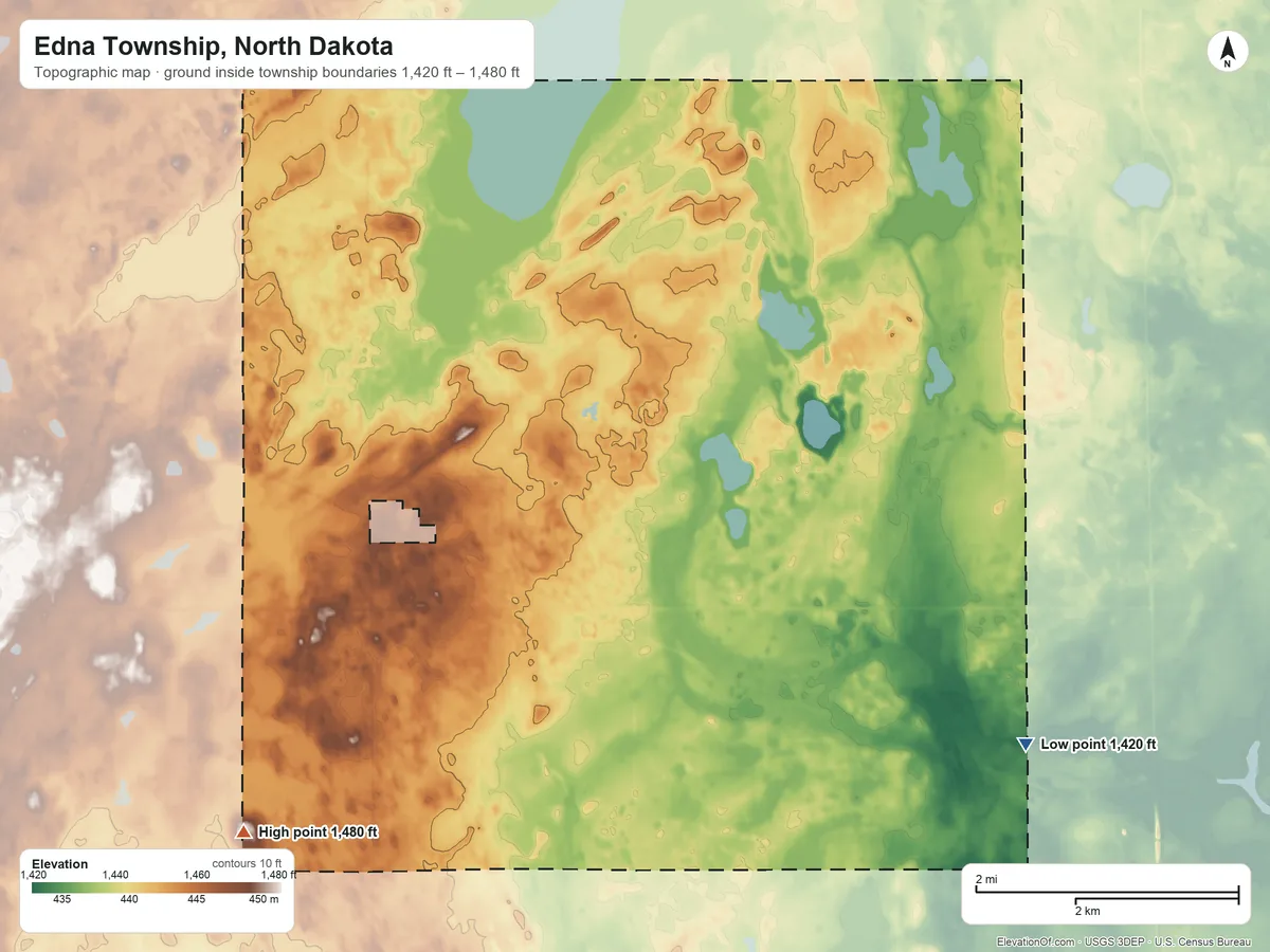 Topographic elevation map of Edna Township, North Dakota, shaded from 1,420 ft on the southeast side to 1,480 ft on the southwest side