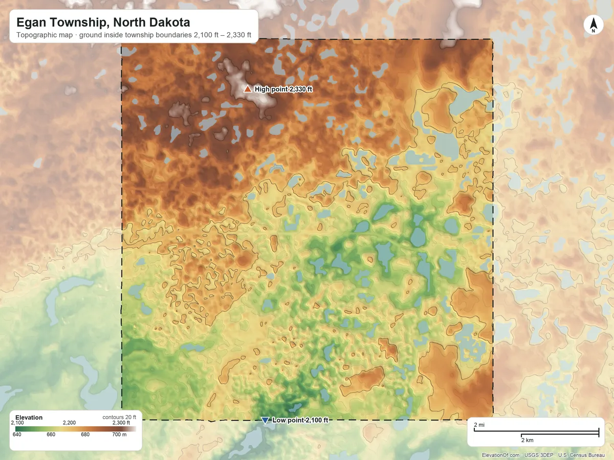 Topographic elevation map of Egan Township, North Dakota, shaded from 2,100 ft on the southwest side to 2,330 ft on the northwest side