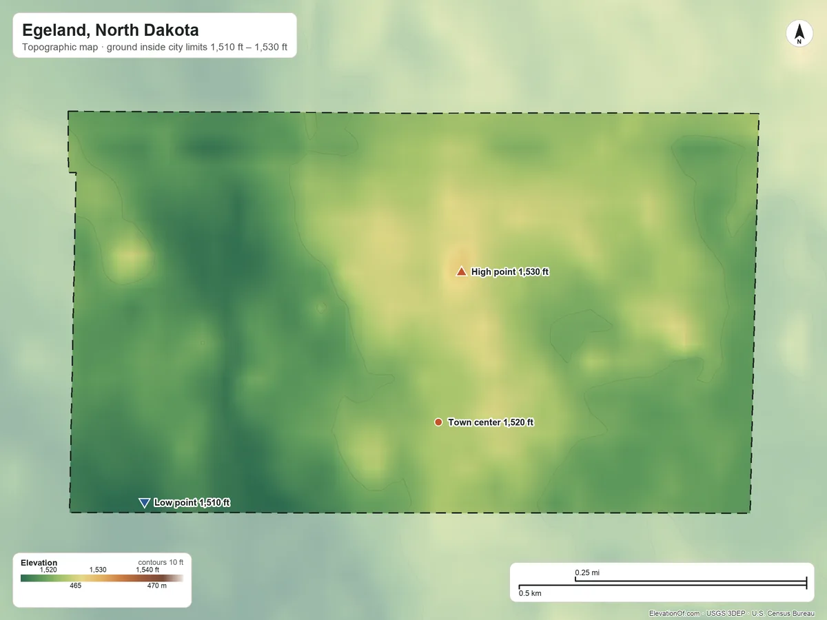 Topographic elevation map of Egeland, North Dakota, shaded from 1,510 ft on the west side to 1,530 ft on the north side