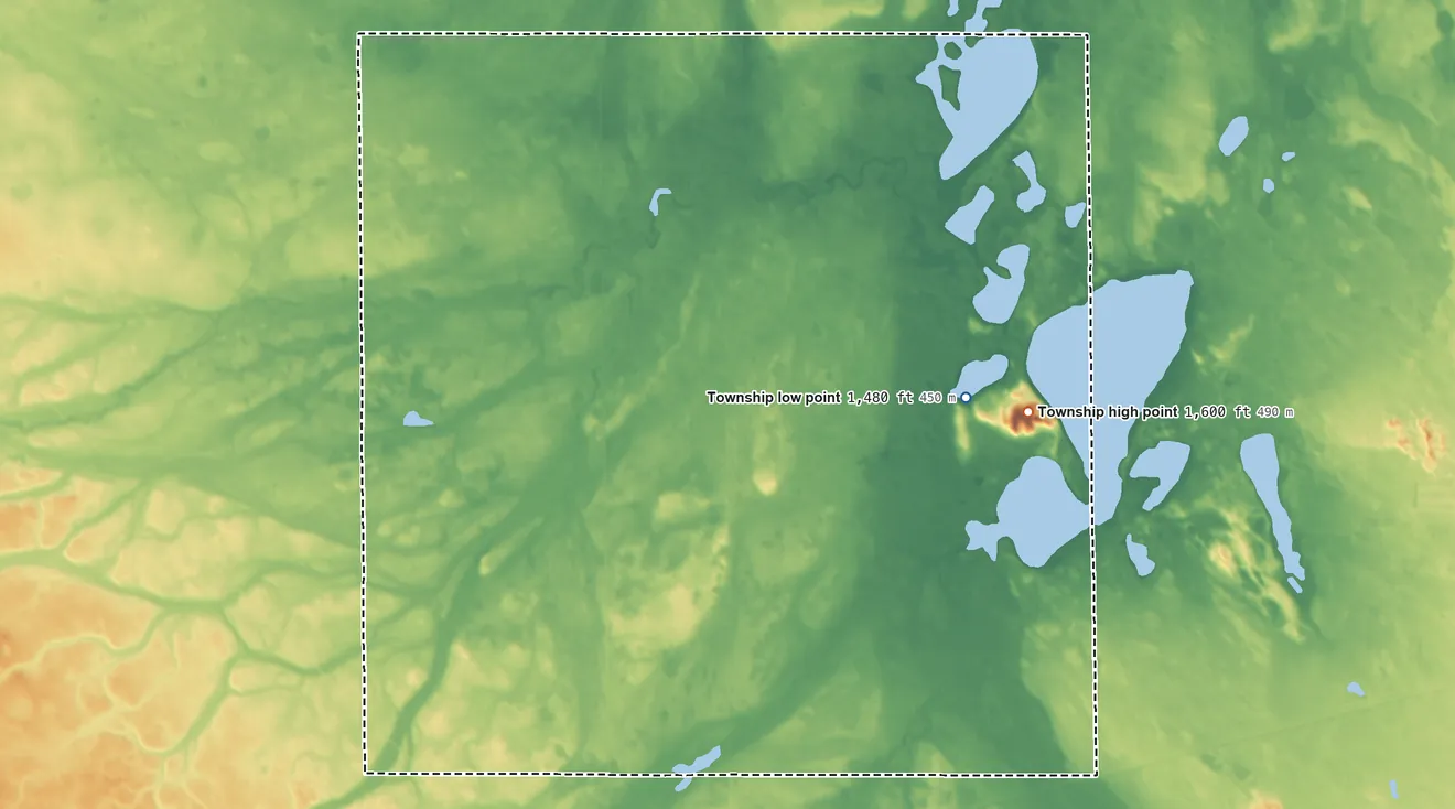Topographic elevation map of Egg Creek Township, North Dakota, shaded from 1,480 ft on the northeast side to 1,600 ft on Buffalo Lodge Butte
