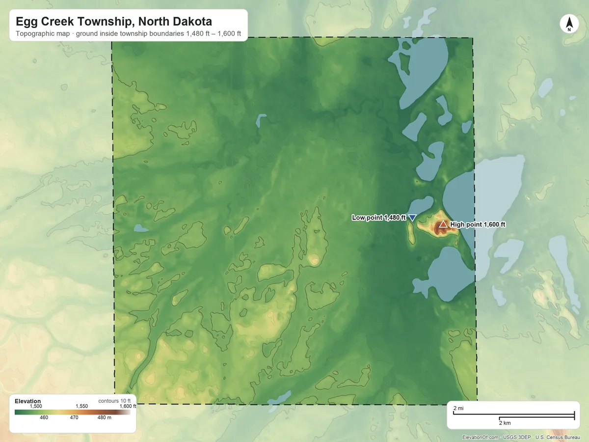 Topographic elevation map of Egg Creek Township, North Dakota, shaded from 1,480 ft on the northeast side to 1,600 ft on Buffalo Lodge Butte
