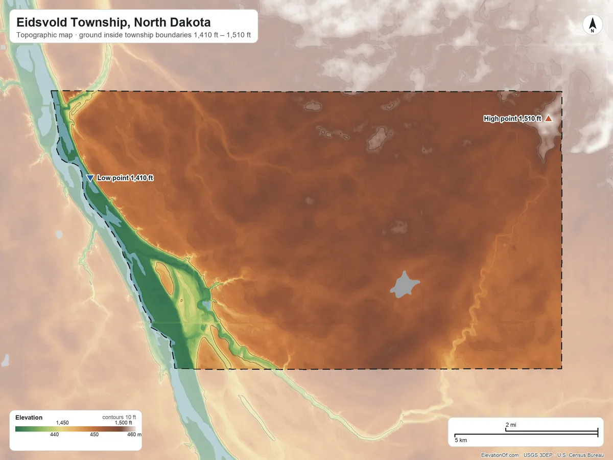 Topographic elevation map of Eidsvold Township, North Dakota, shaded from 1,410 ft on the west side to 1,510 ft on the east side