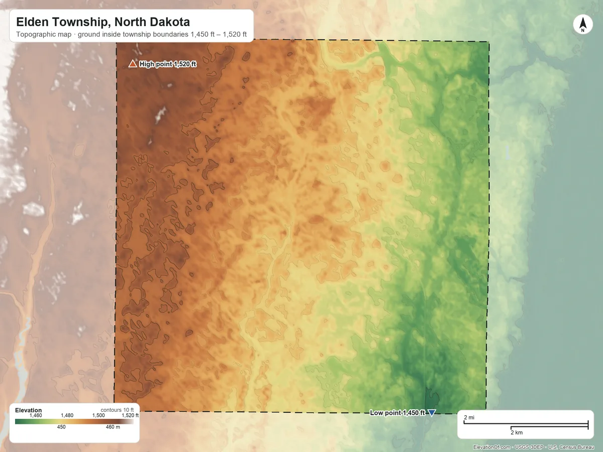 Topographic elevation map of Elden Township, North Dakota, shaded from 1,450 ft on the southeast side to 1,520 ft on the northwest side