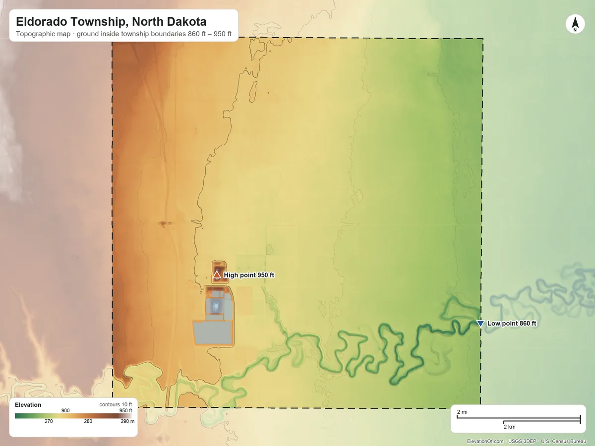 Topographic elevation map of Eldorado Township, North Dakota, shaded from 860 ft on the east side to 950 ft on the northwest side