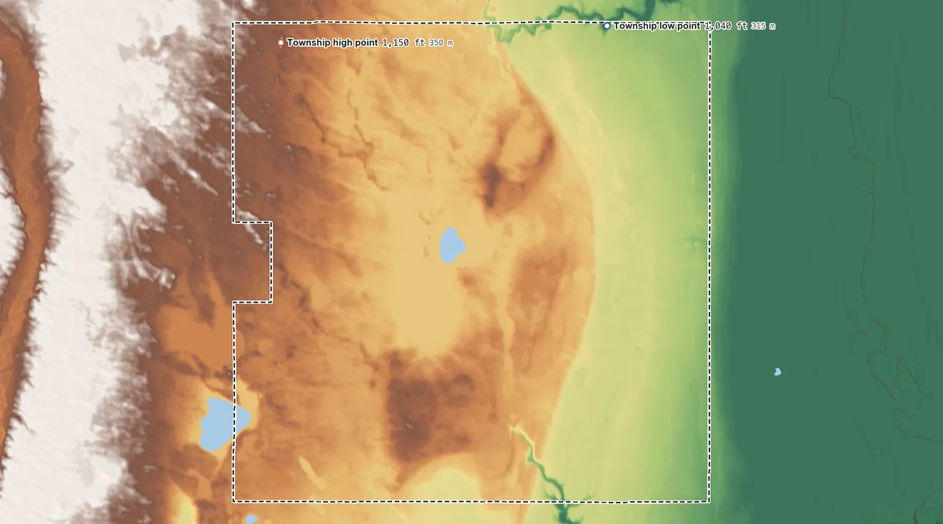 Topographic elevation map of Eldred Township, North Dakota, shaded from 1,040 ft on the northeast side to 1,150 ft on the northwest side
